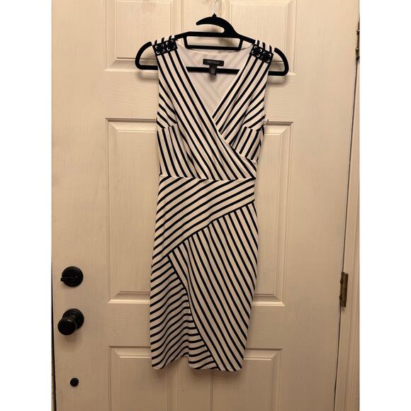 White House Black Market size 2 black and white striped v neck midi dress - Picture 1 of 6